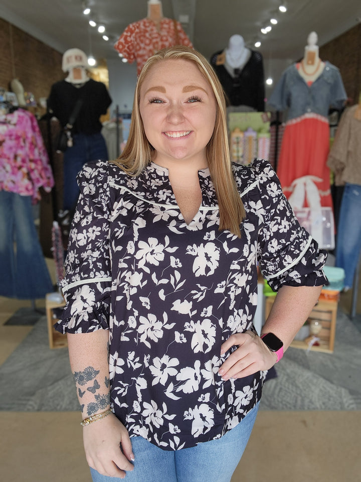 Black and White Floral Blouse