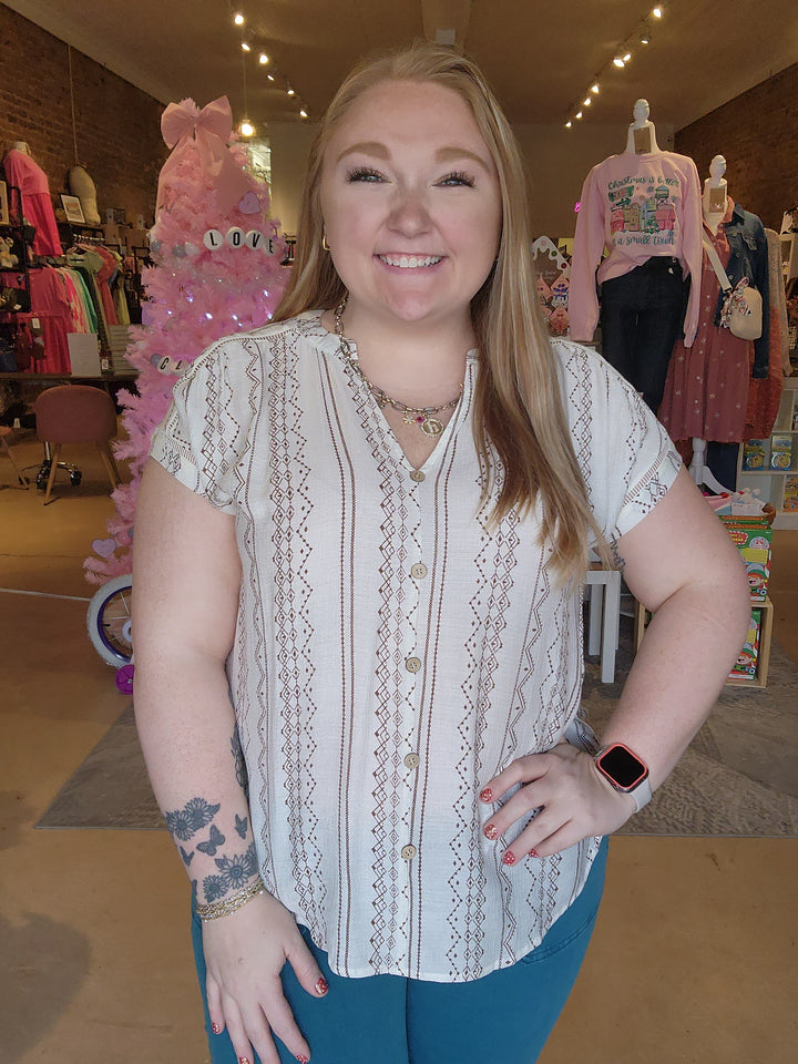 Geo Print Faux Button Top