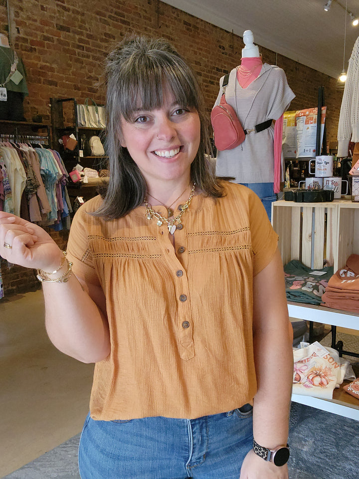 Eyelet Trim Half Button Top