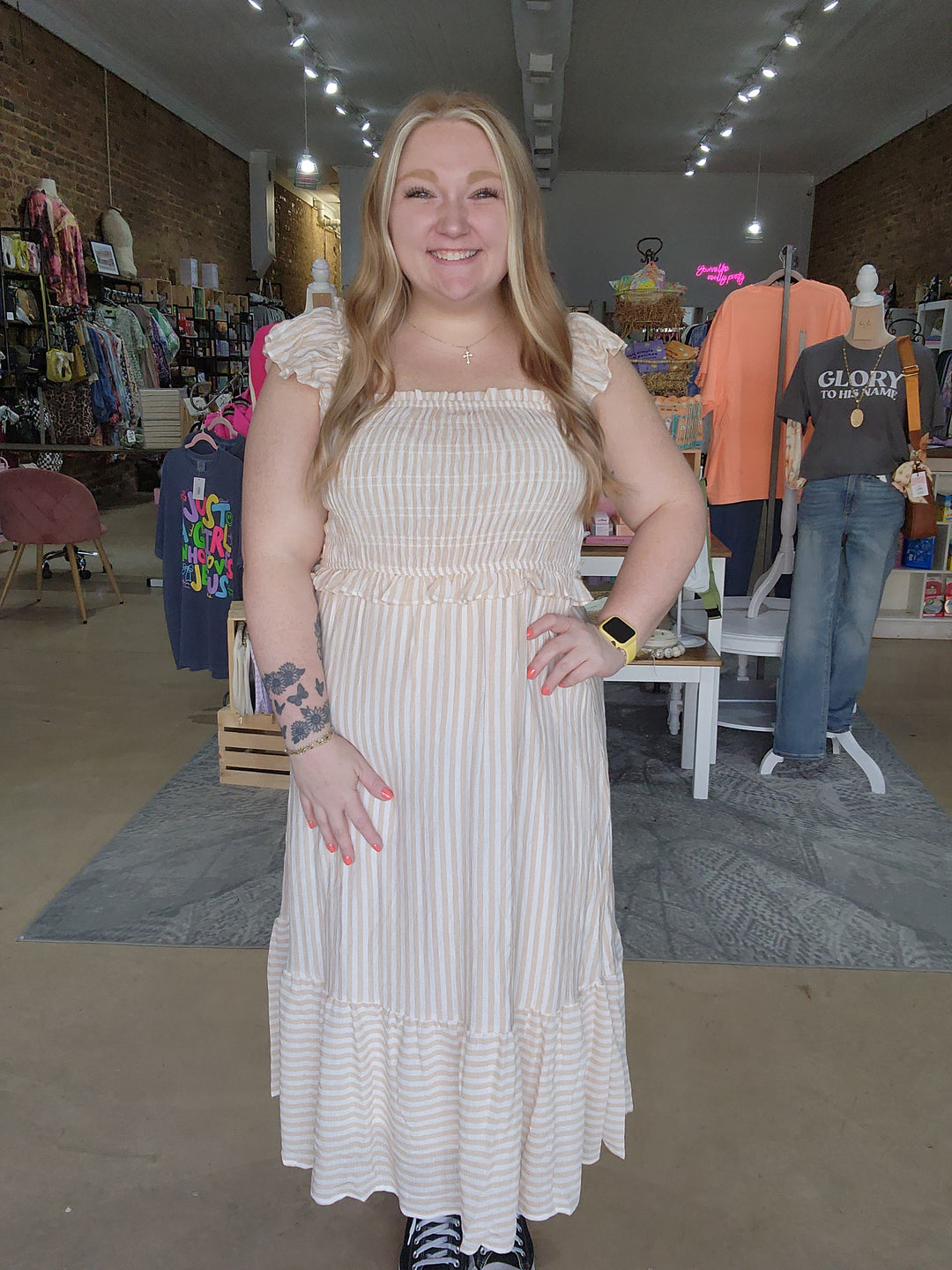 Stripe Smocked Midi Dress