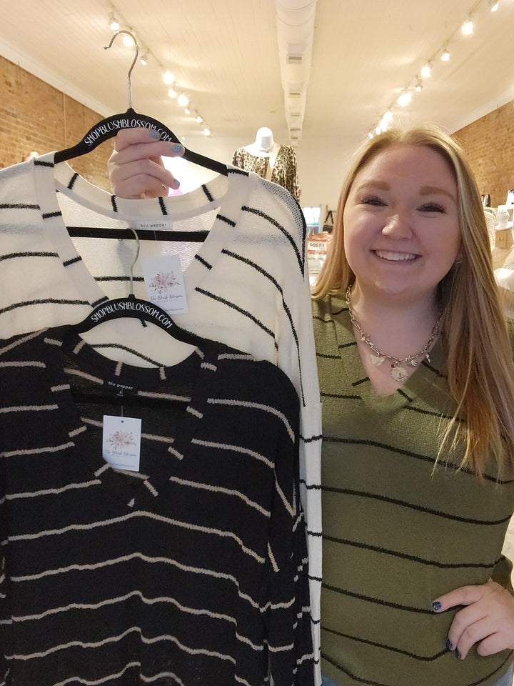 Loose Weave Stripe V Neck Top