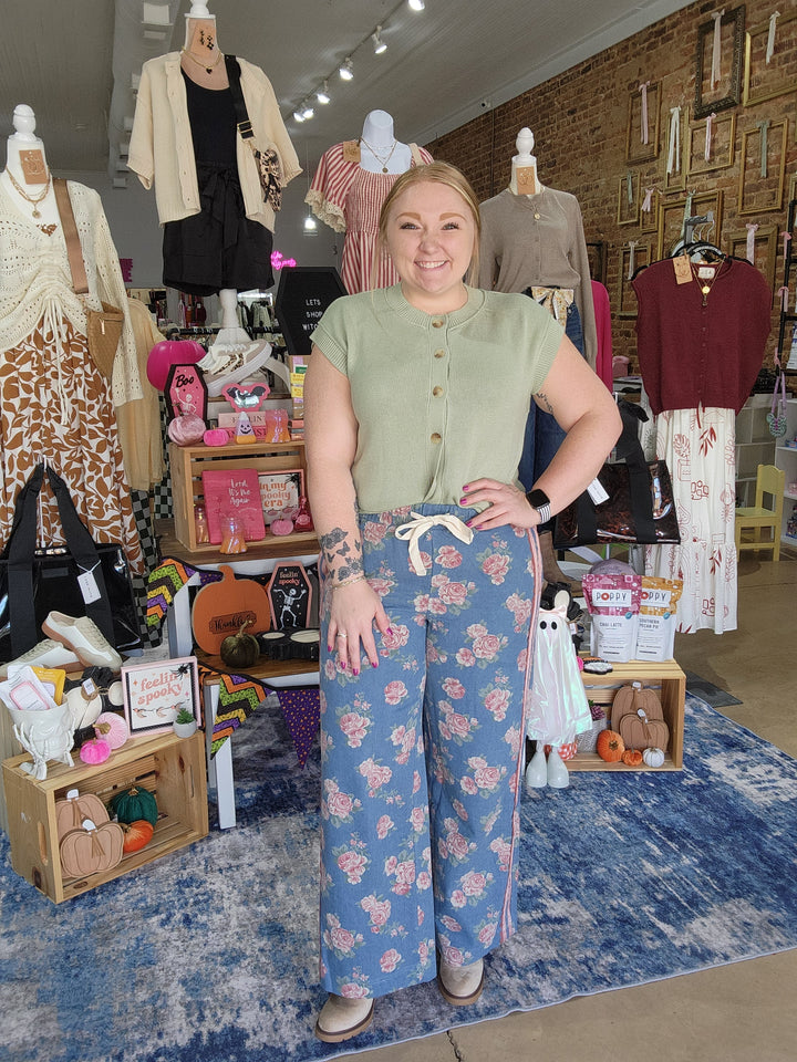 Floral Denim Pants with Lace Side Detail