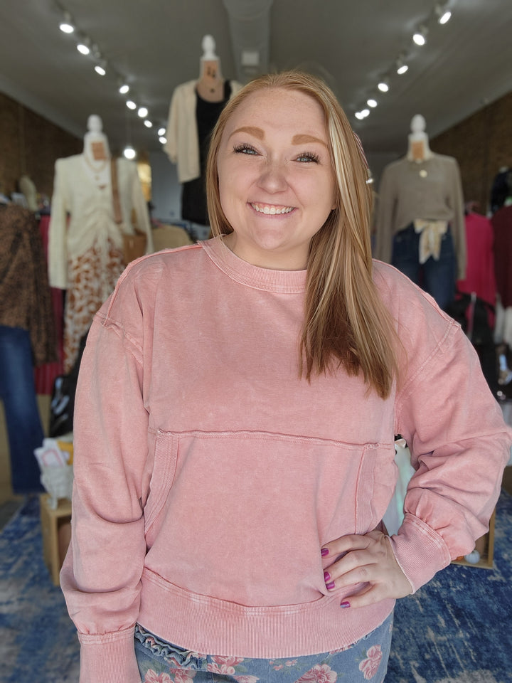 Stone Washed Rose Pocket Sweatshirt
