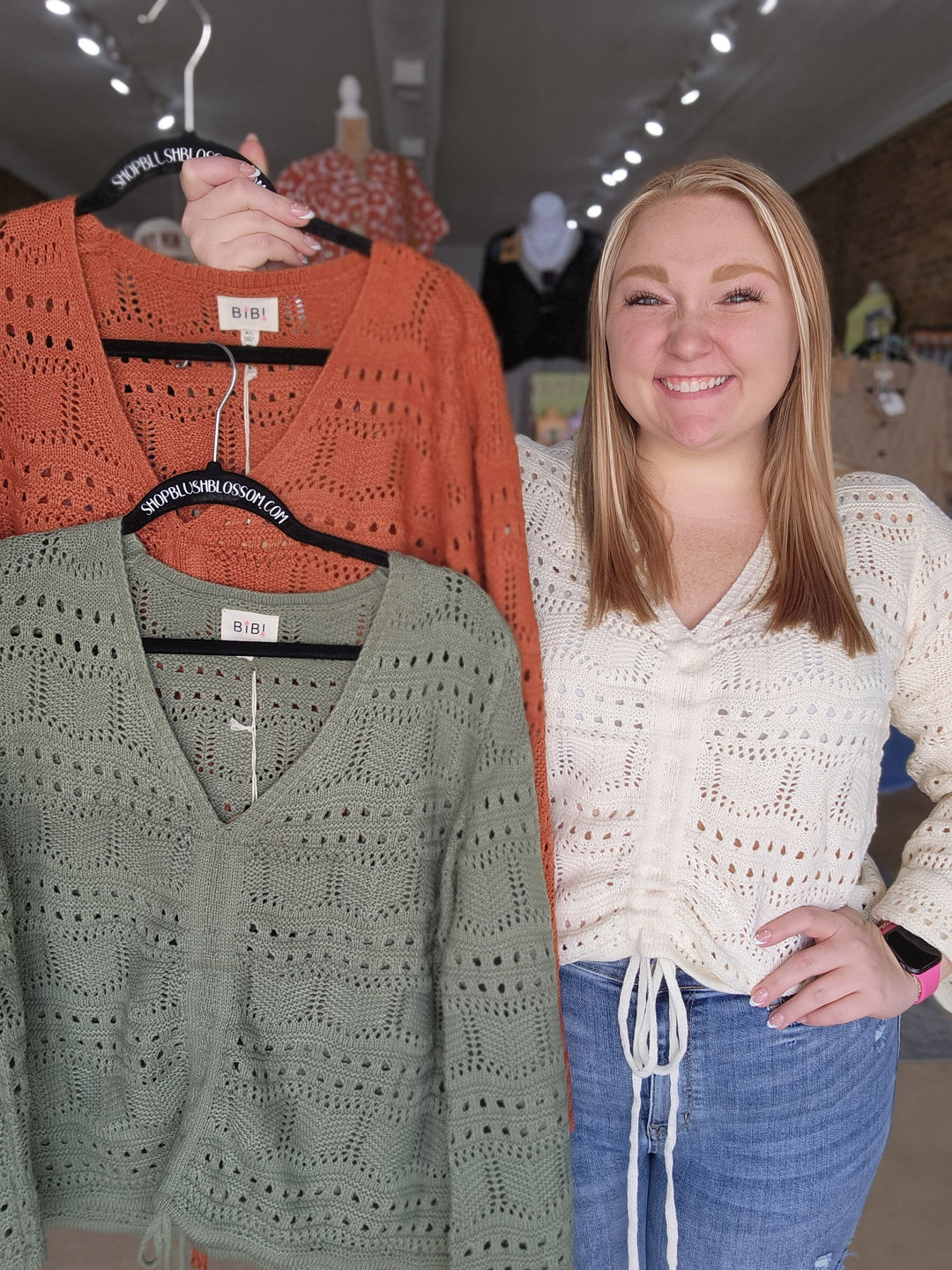 Pointelle Knit Ruched Front Sweater
