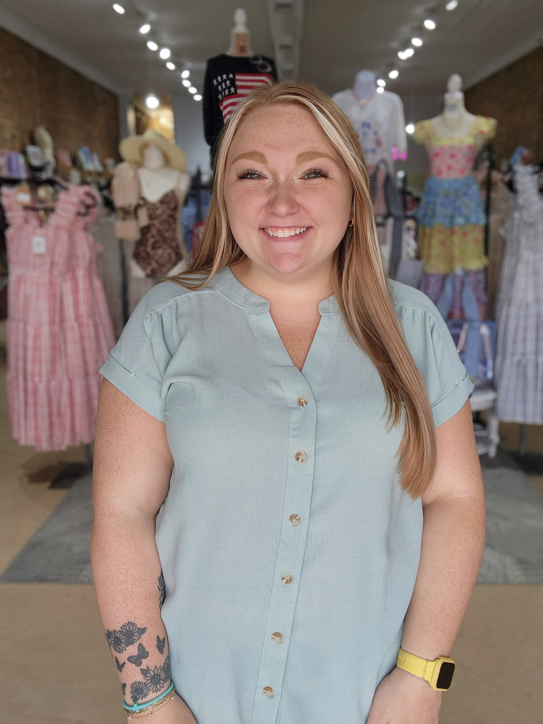 Mint Lightweight Cuffed Sleeve Buttondown Top