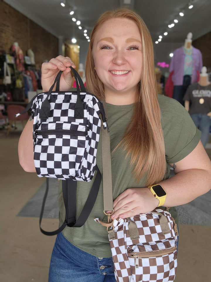 Checkered Backpack Crossbody Bag