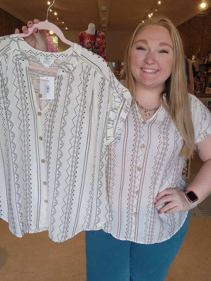 Geo Print Faux Button Top