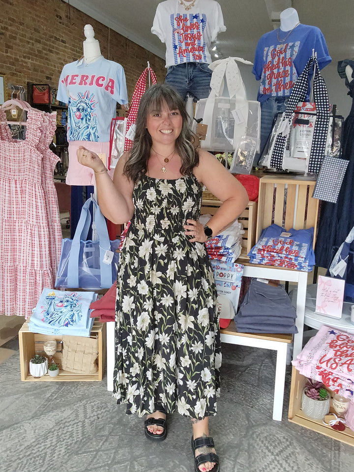 Black Floral Basque Waist Dress