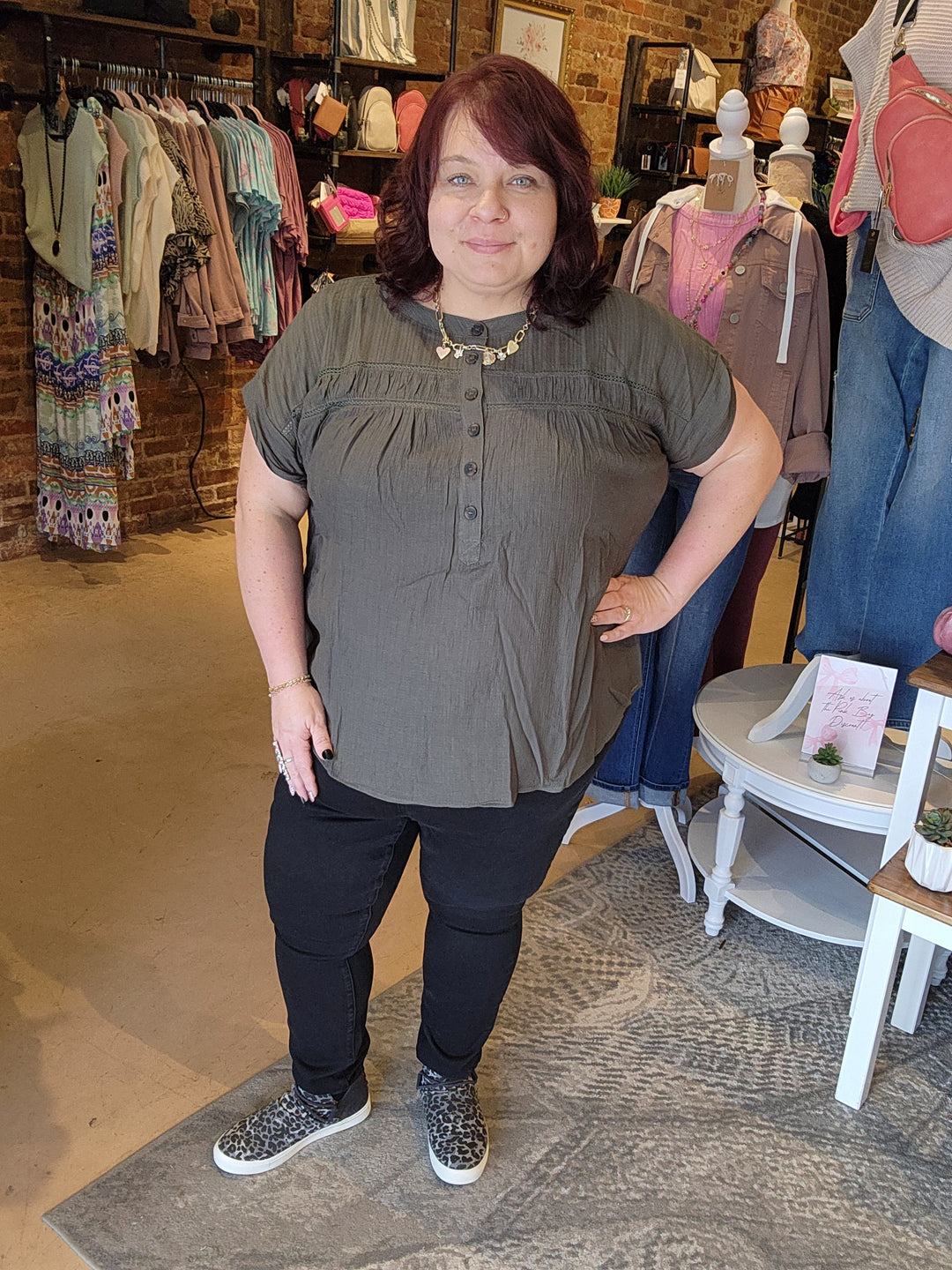 Eyelet Trim Half Button Top