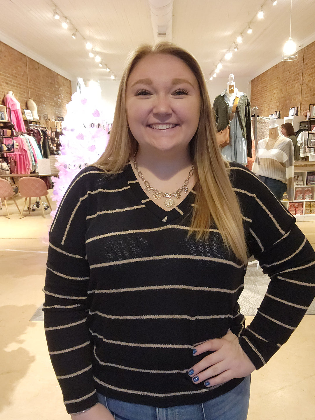 Loose Weave Stripe V Neck Top