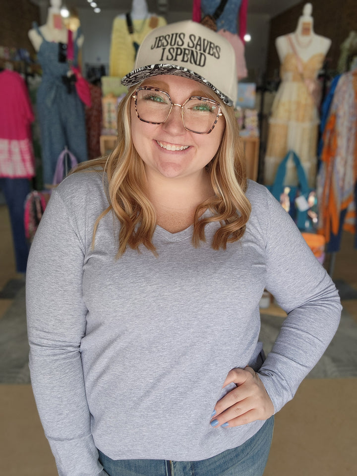 Grey V Neck Long Sleeve Tee