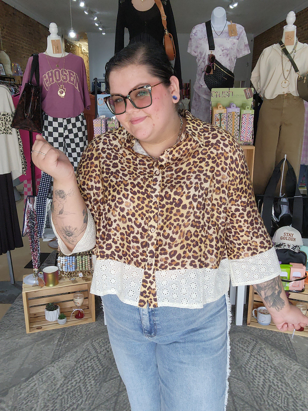 Eyelet Sleeve Leopard Button Down Top
