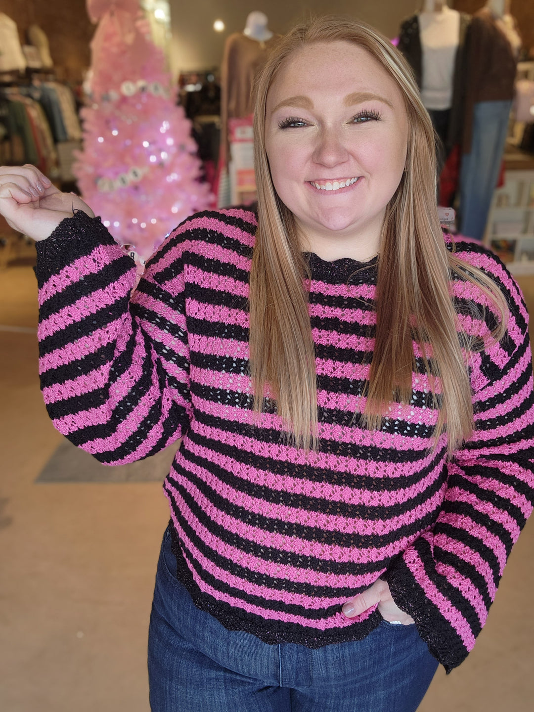 Pink and Black Stripe Pointelle Sweater