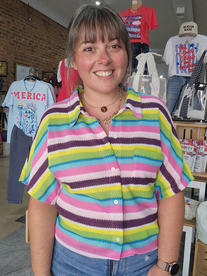 Multi Color Strip Button Up Top