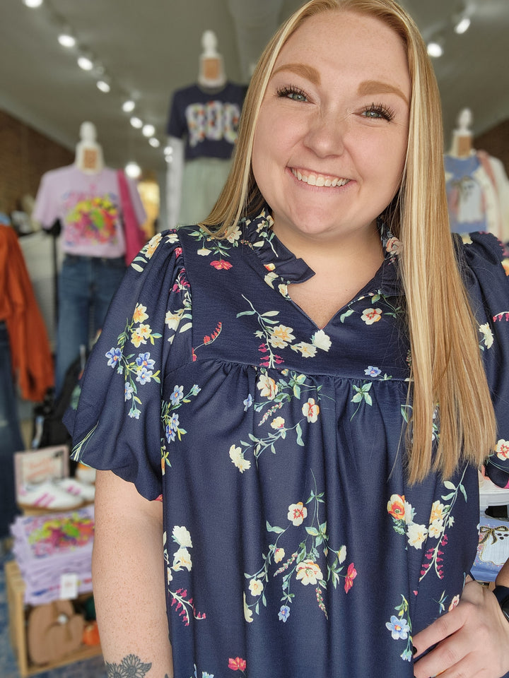 Notch Neck Navy Floral Top