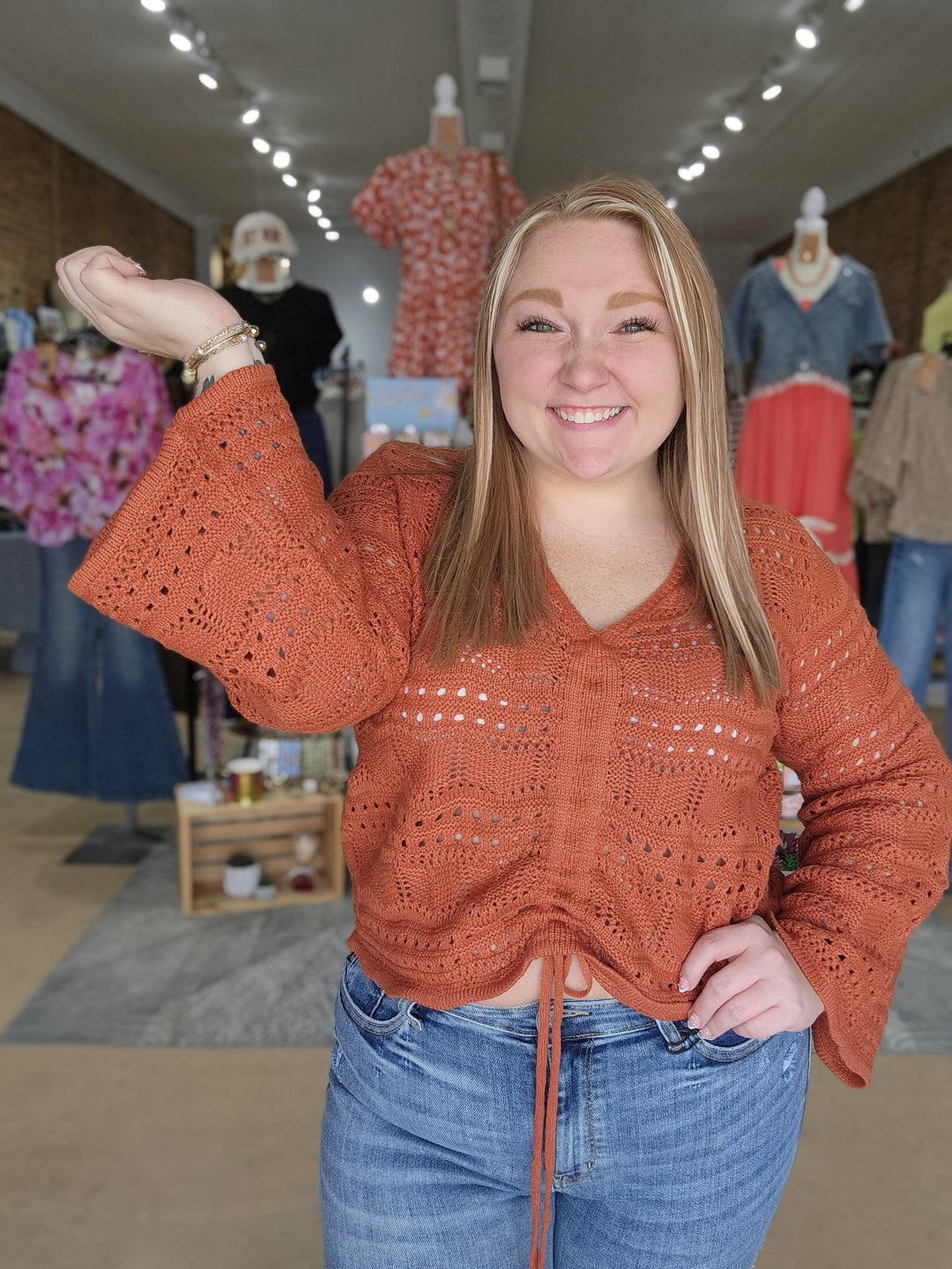 Pointelle Knit Ruched Front Sweater