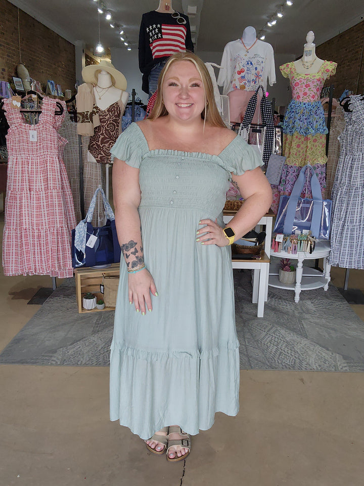 Mock Button Smocked Midi Dress