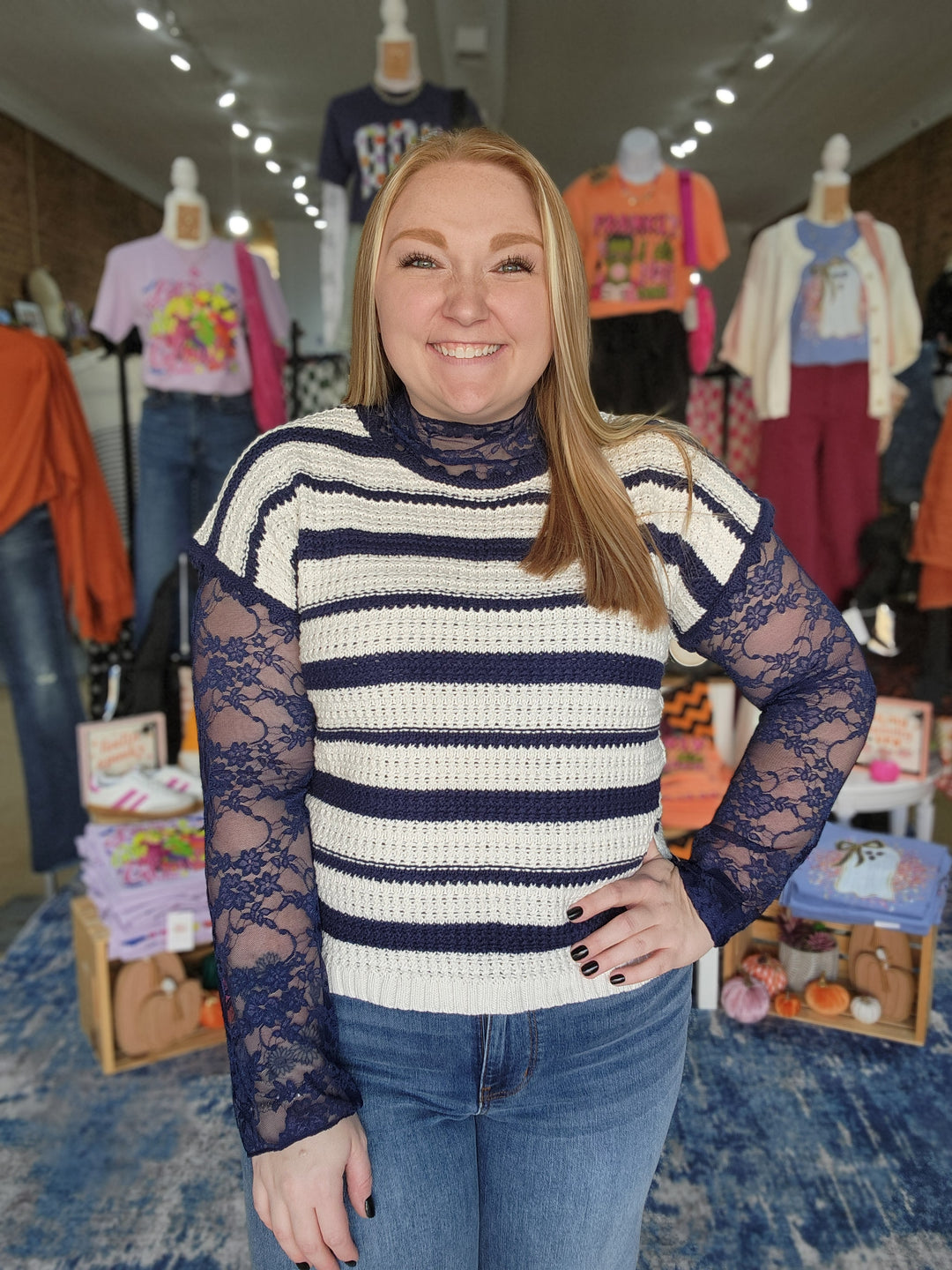 Stripe Scallop Trim Knit Top