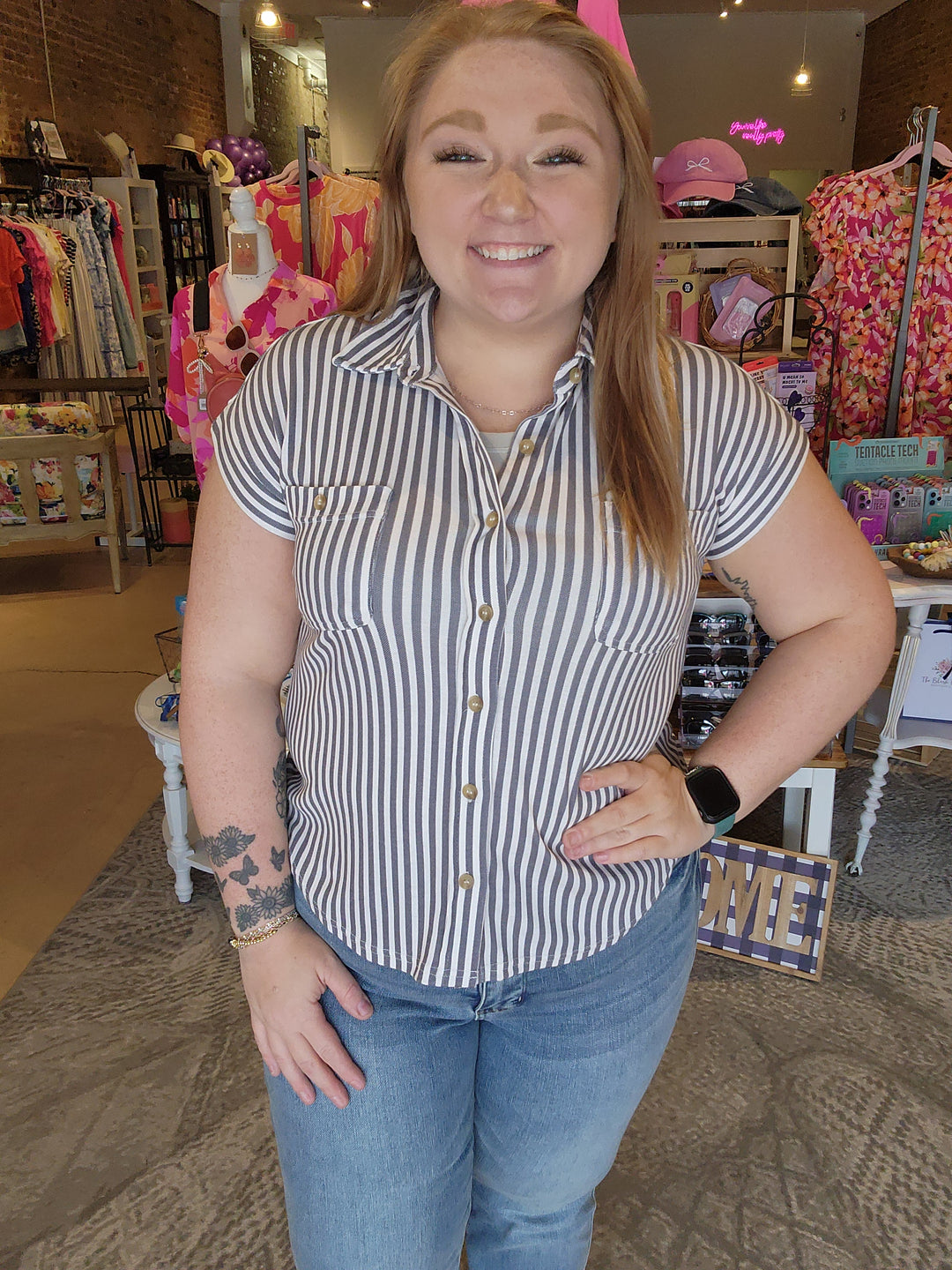 Stripped Button Down Cap Sleeve Tee
