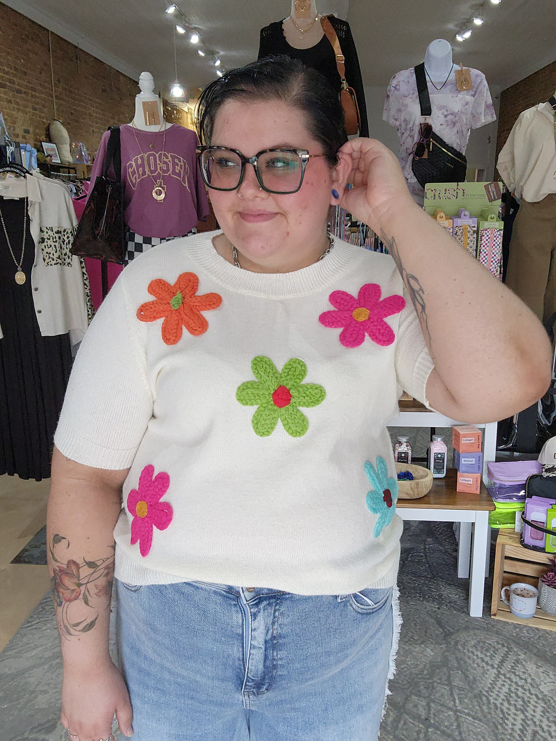 Crochet Flower Short Sleeve Sweater