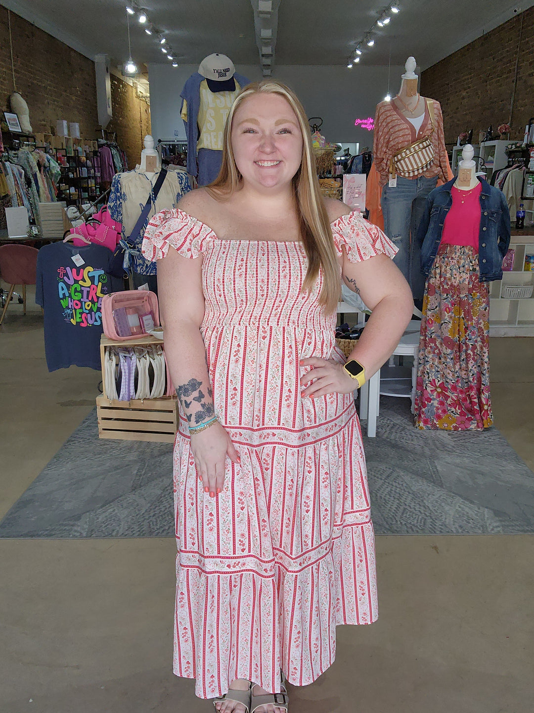 Stripe Floral Smocked Midi Dress