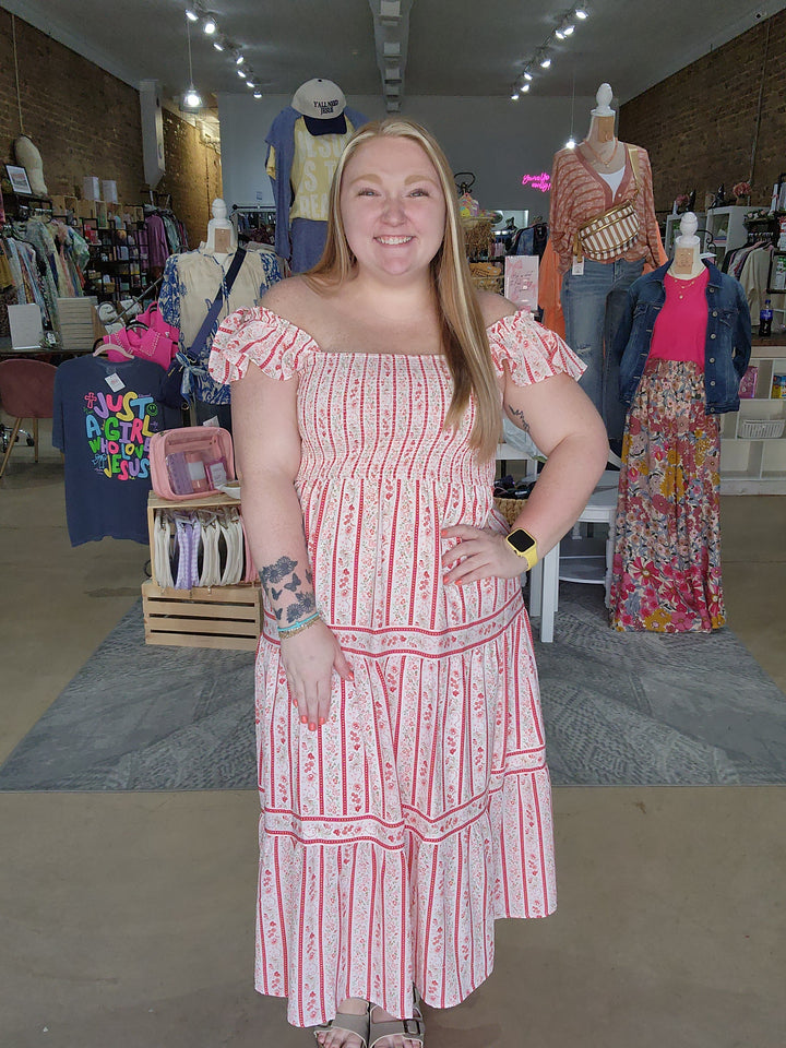 Stripe Floral Smocked Midi Dress