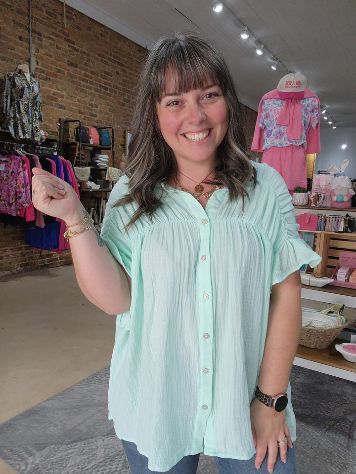 Gauze Shirred Button Top