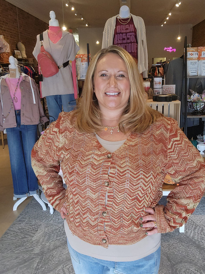 Rust Open Weave Button Cardigan