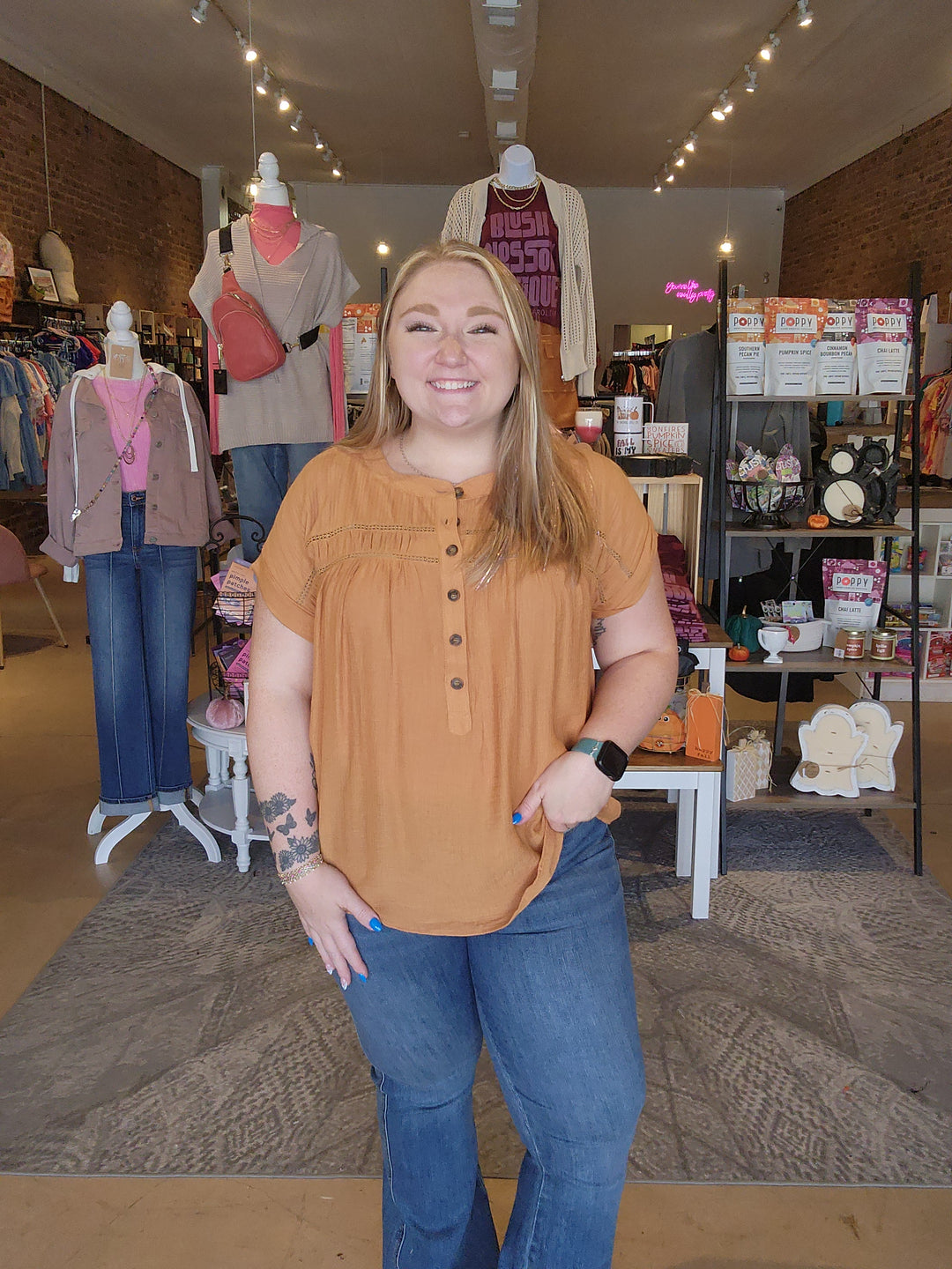 Eyelet Trim Half Button Top