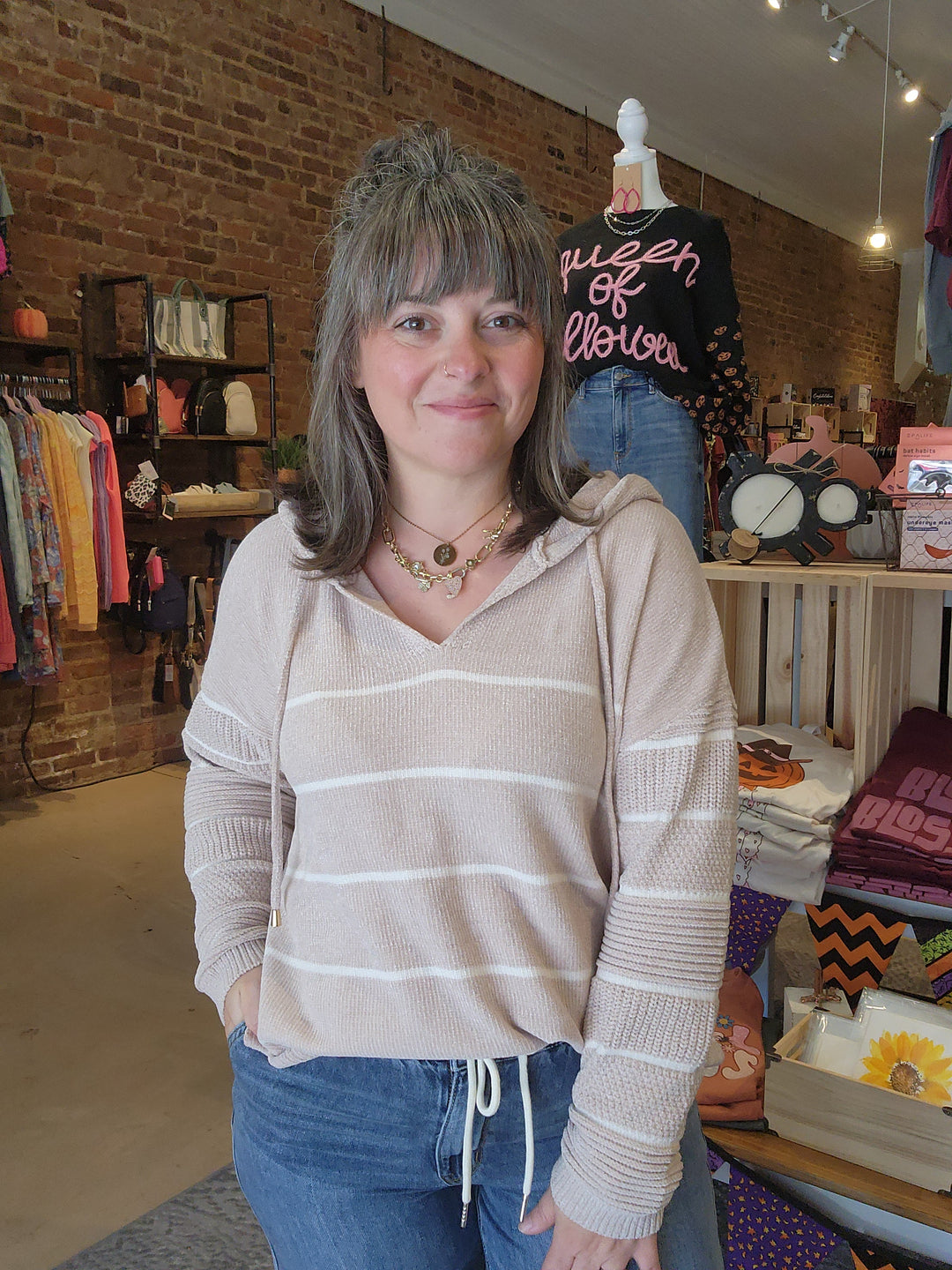 Striped Chenille Feel Hooded Pullover