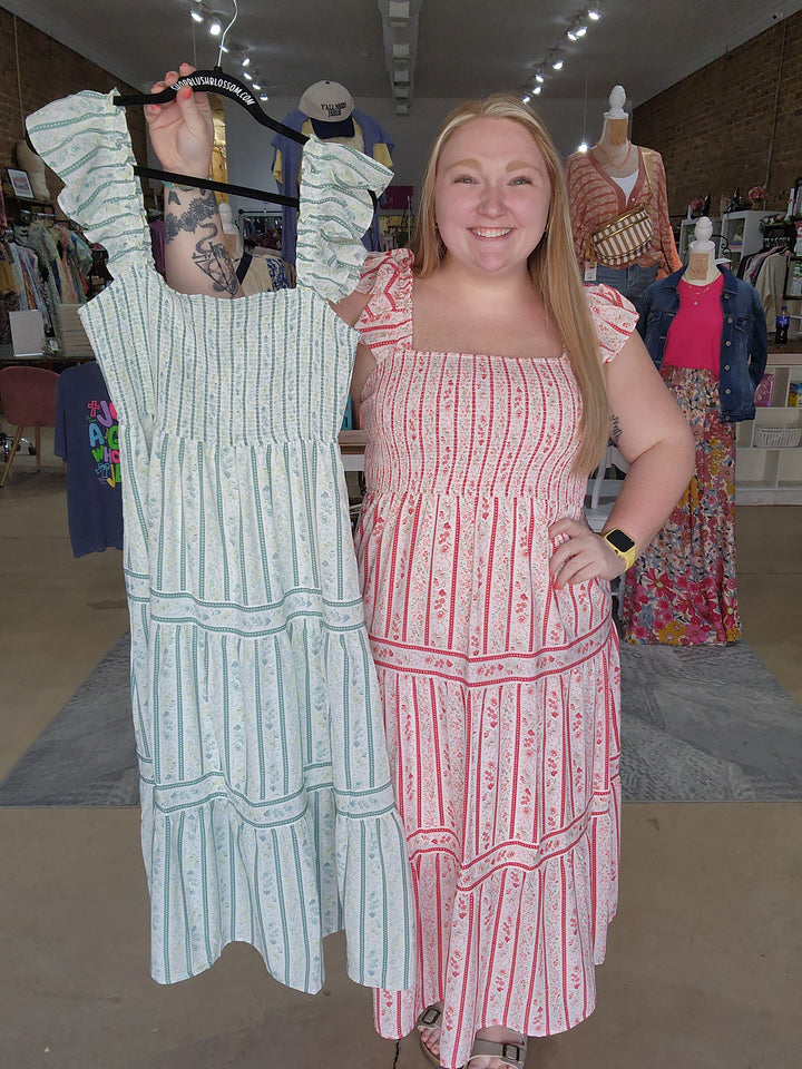 Stripe Floral Smocked Midi Dress