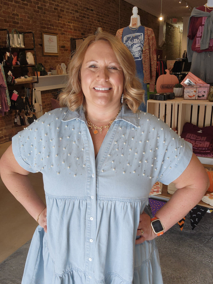 Pearl Embellished Denim Dress