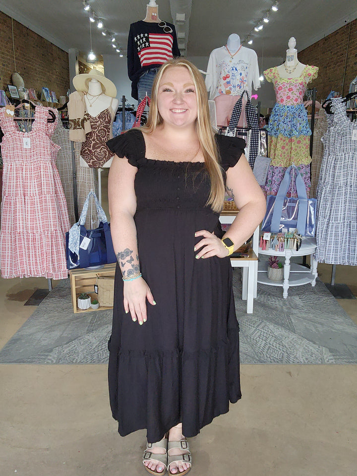 Mock Button Smocked Midi Dress