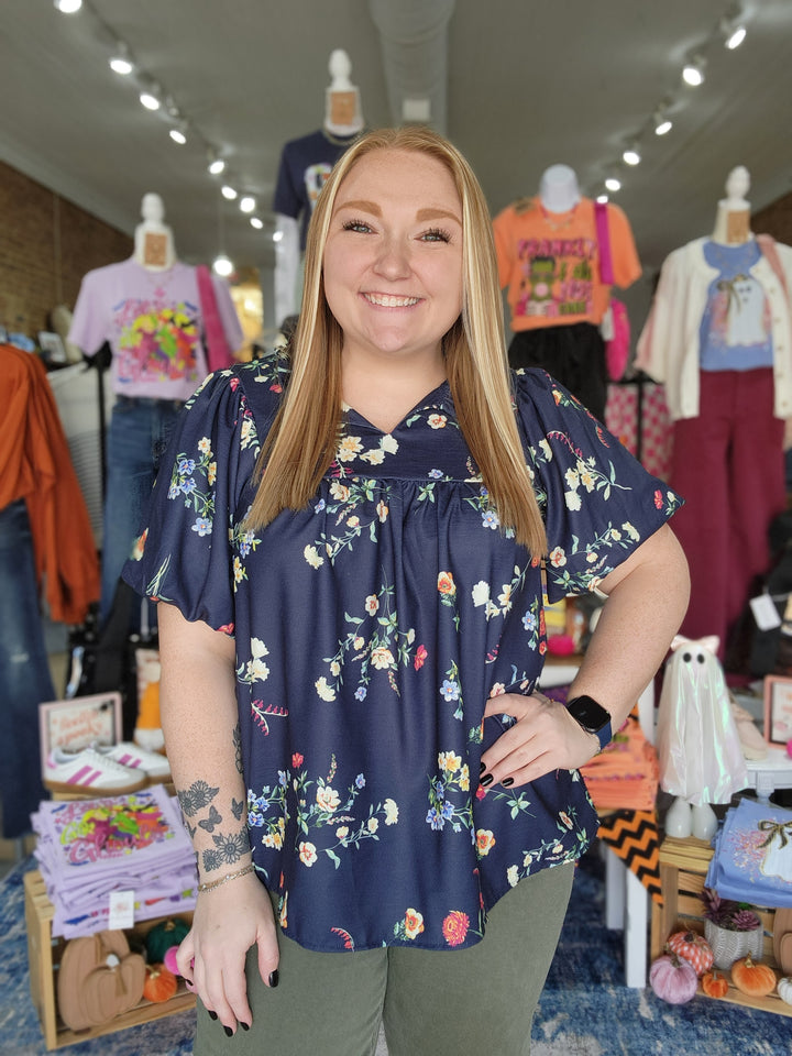 Notch Neck Navy Floral Top