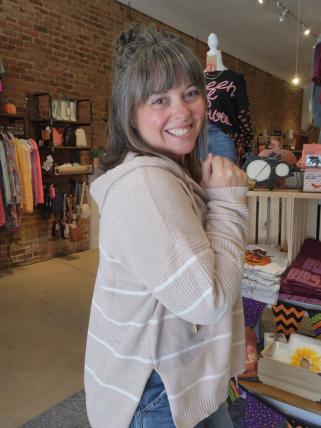 Striped Chenille Feel Hooded Pullover