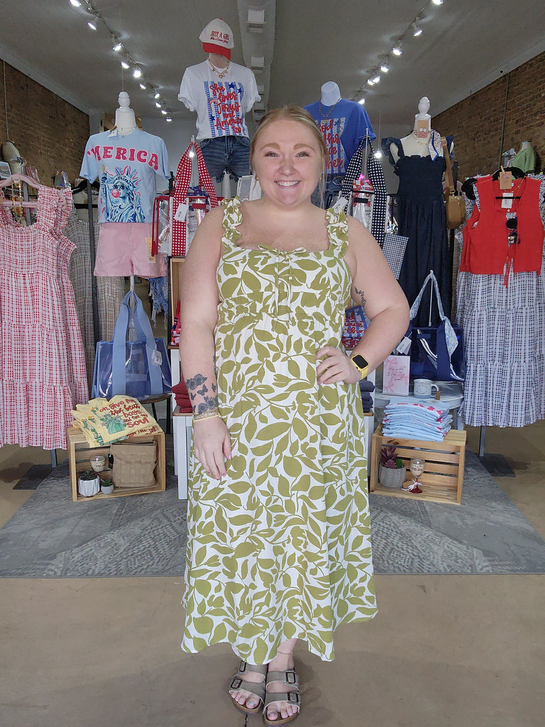 Leaf Print Ruffle Strap Midi Dress
