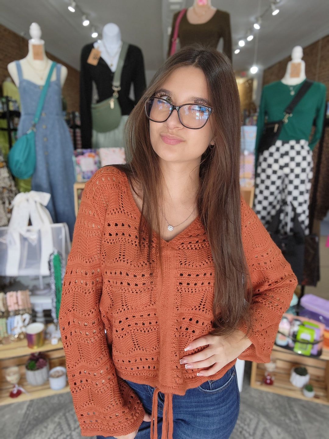 Pointelle Knit Ruched Front Sweater