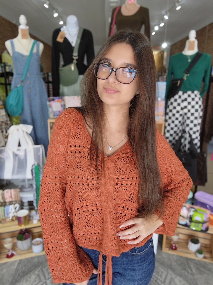 Pointelle Knit Ruched Front Sweater
