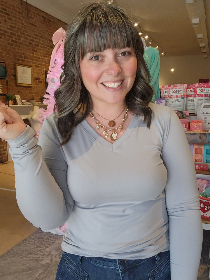 Buttery Grey V Neck Long Sleeve