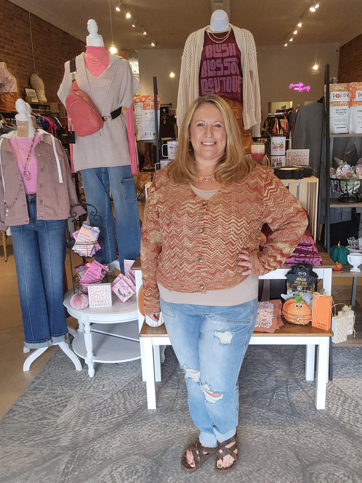 Rust Open Weave Button Cardigan