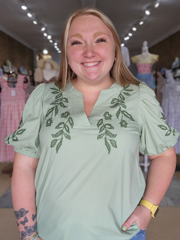 Sage Embroidered Peasant Blouse