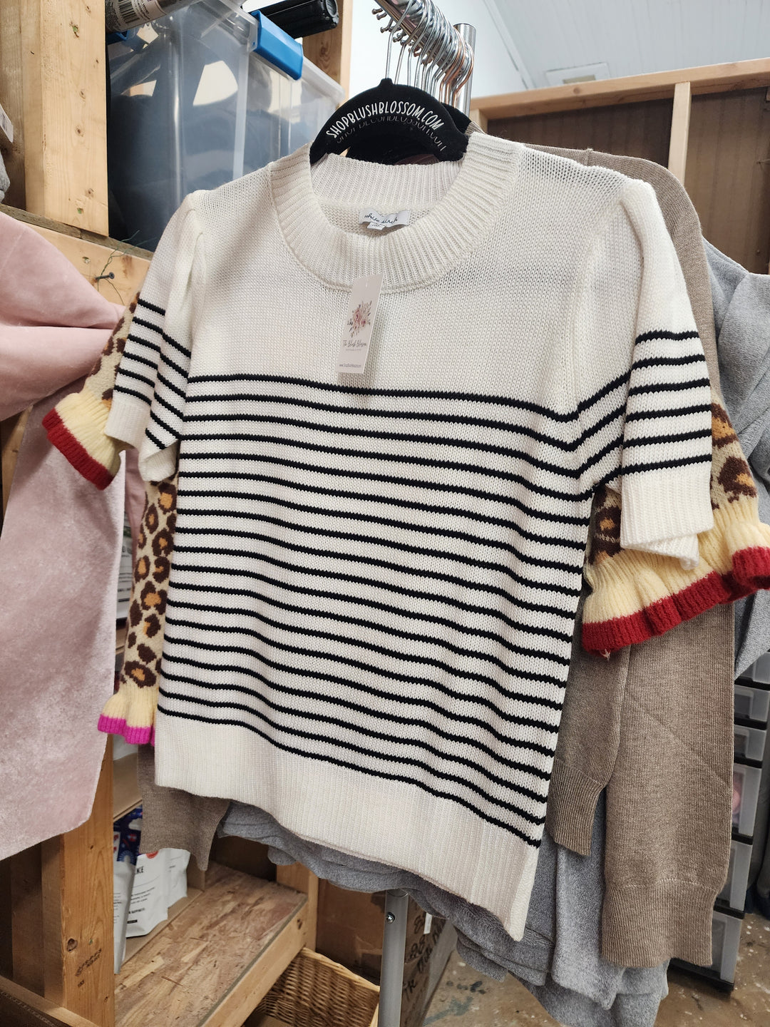 Short Sleeve Mock Neck Stripe Knit Top