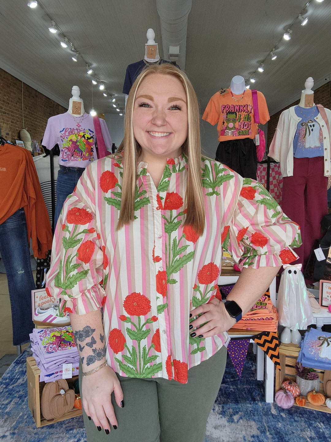 Stripe Floral Button Up Blouse