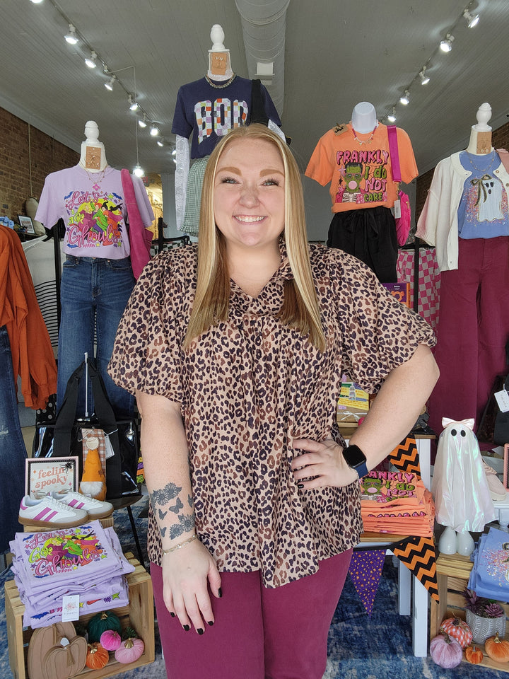 Leopard Ruffle Notch Neck Top