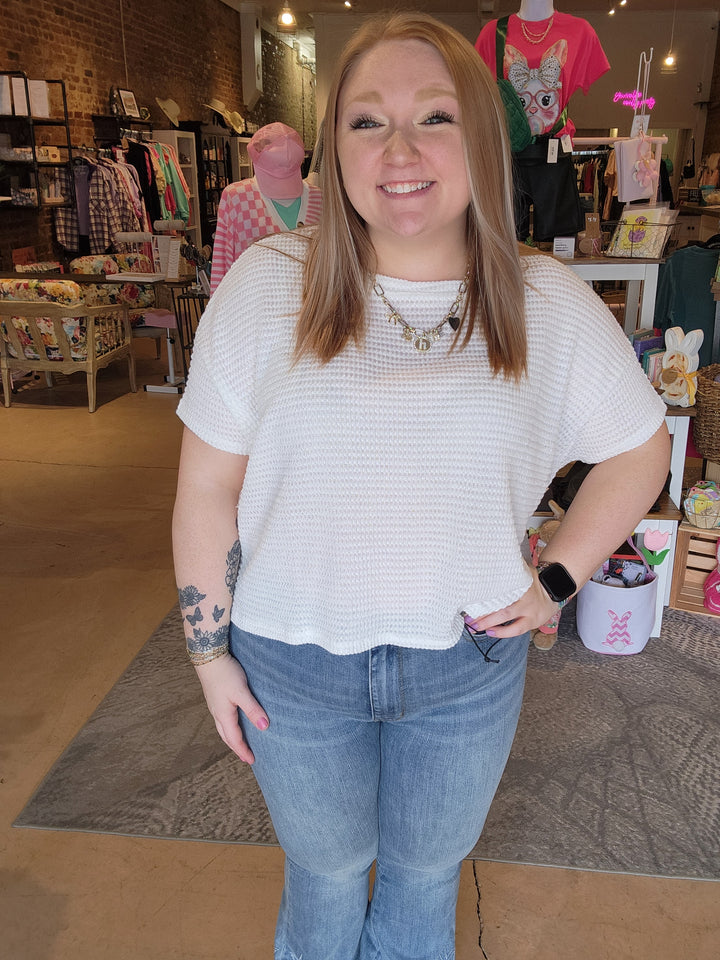 White Waffle Knit Mom Crop