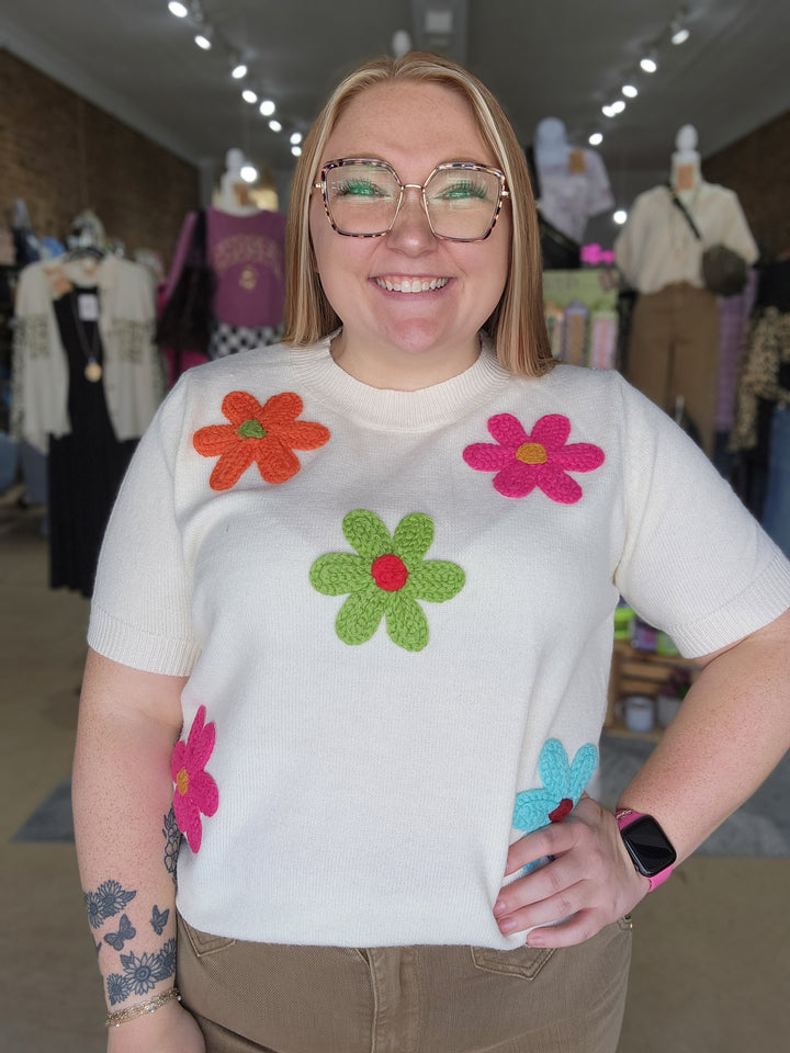 Crochet Flower Short Sleeve Sweater