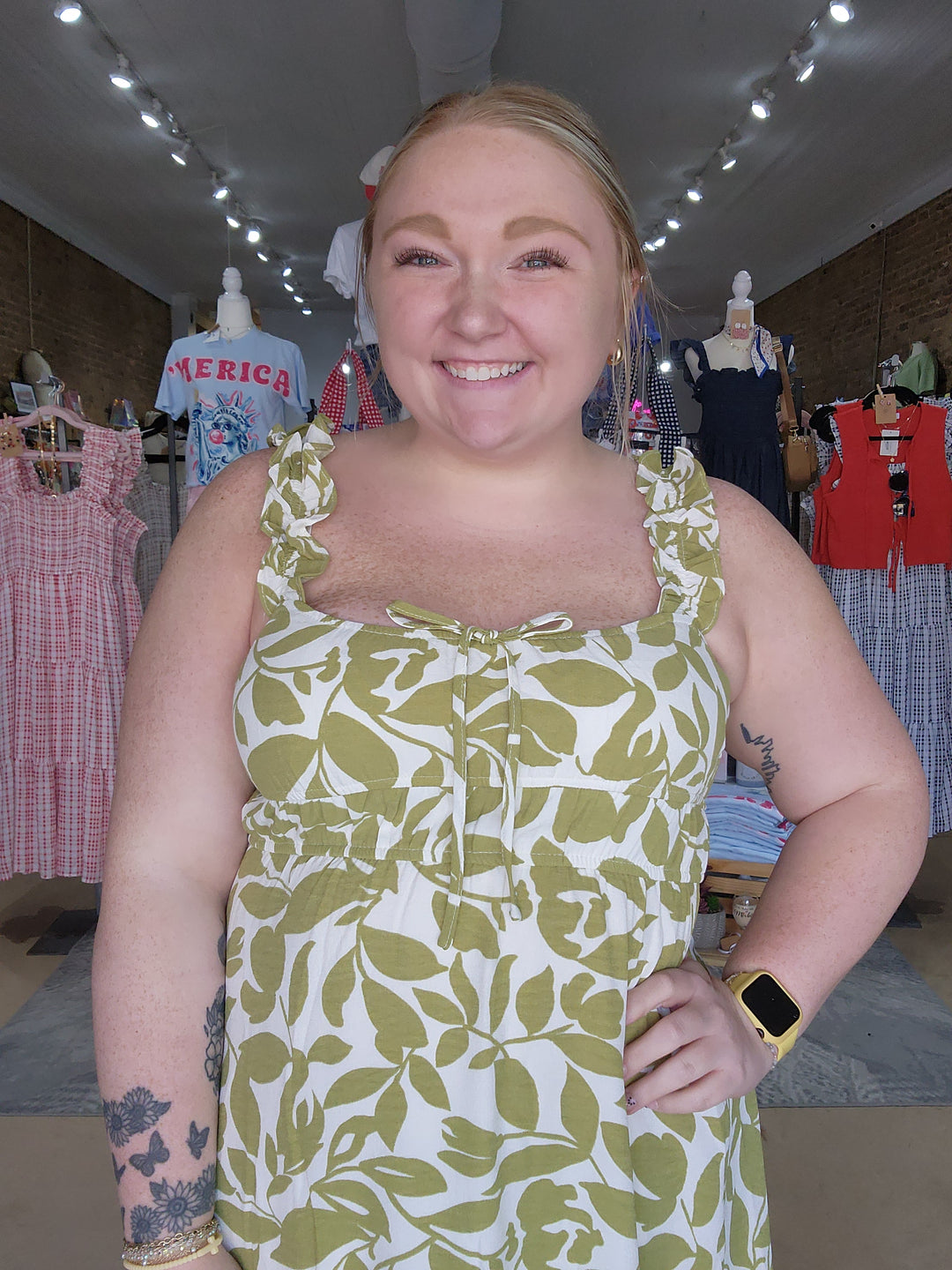 Leaf Print Ruffle Strap Midi Dress