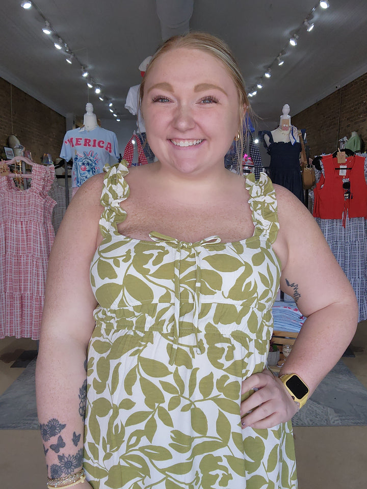 Leaf Print Ruffle Strap Midi Dress