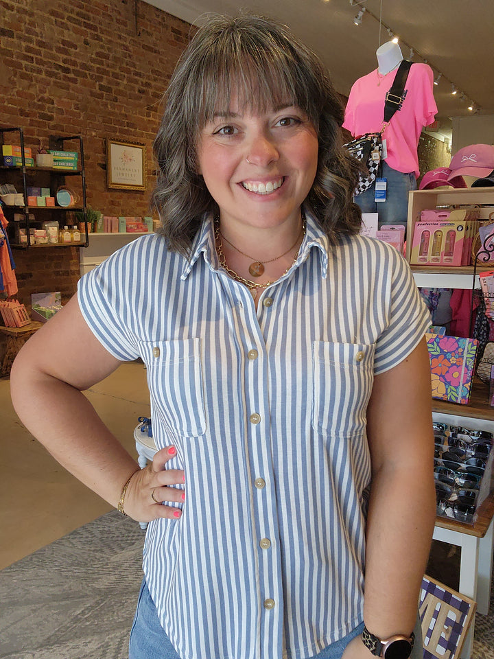 Stripped Button Down Cap Sleeve Tee