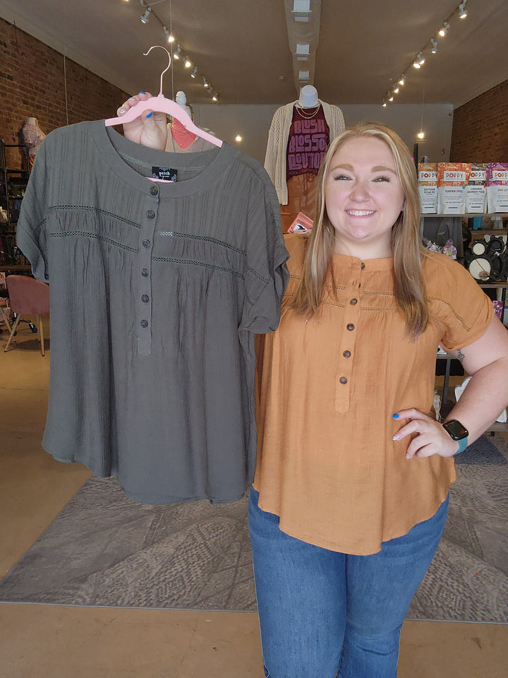Eyelet Trim Half Button Top